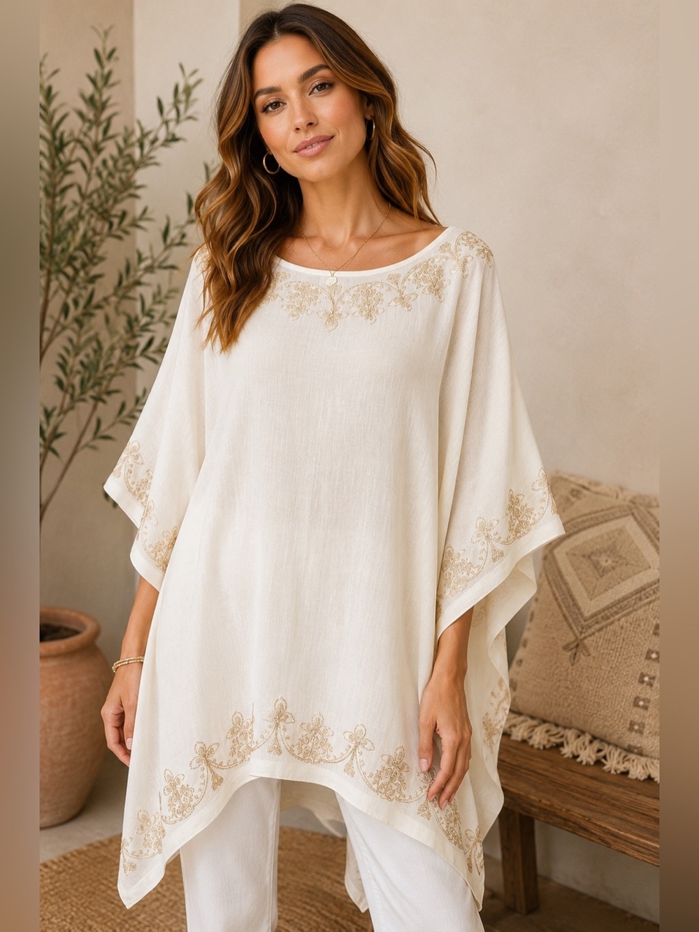 Boho Me Ivory Embroidered Kaftan Tunic Blouse M Boho Resort Poncho Top